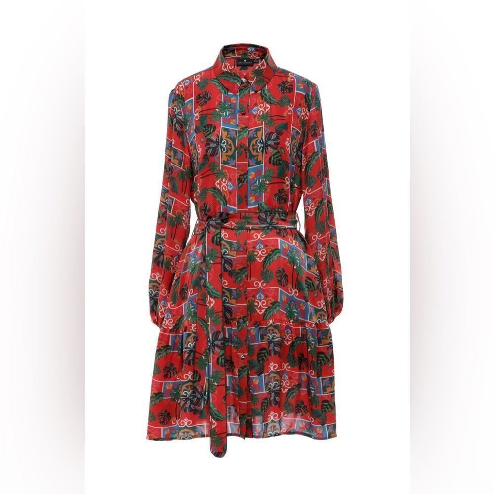 Emily Lovelock Alice Silk‎ Red Print Button Down Dress, Size Medium